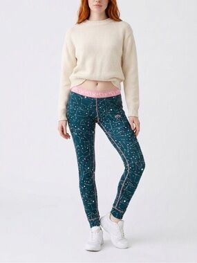 Teal Constellation Print Leggings with Pink Waistband